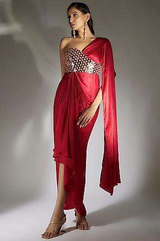 red gajji embroidered draped dress