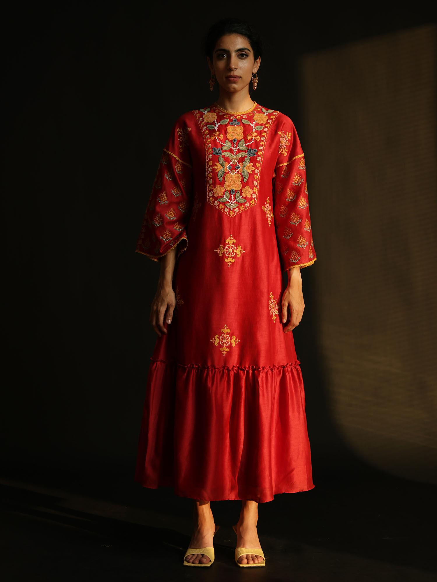 red gathered chanderi dress with yoke detail