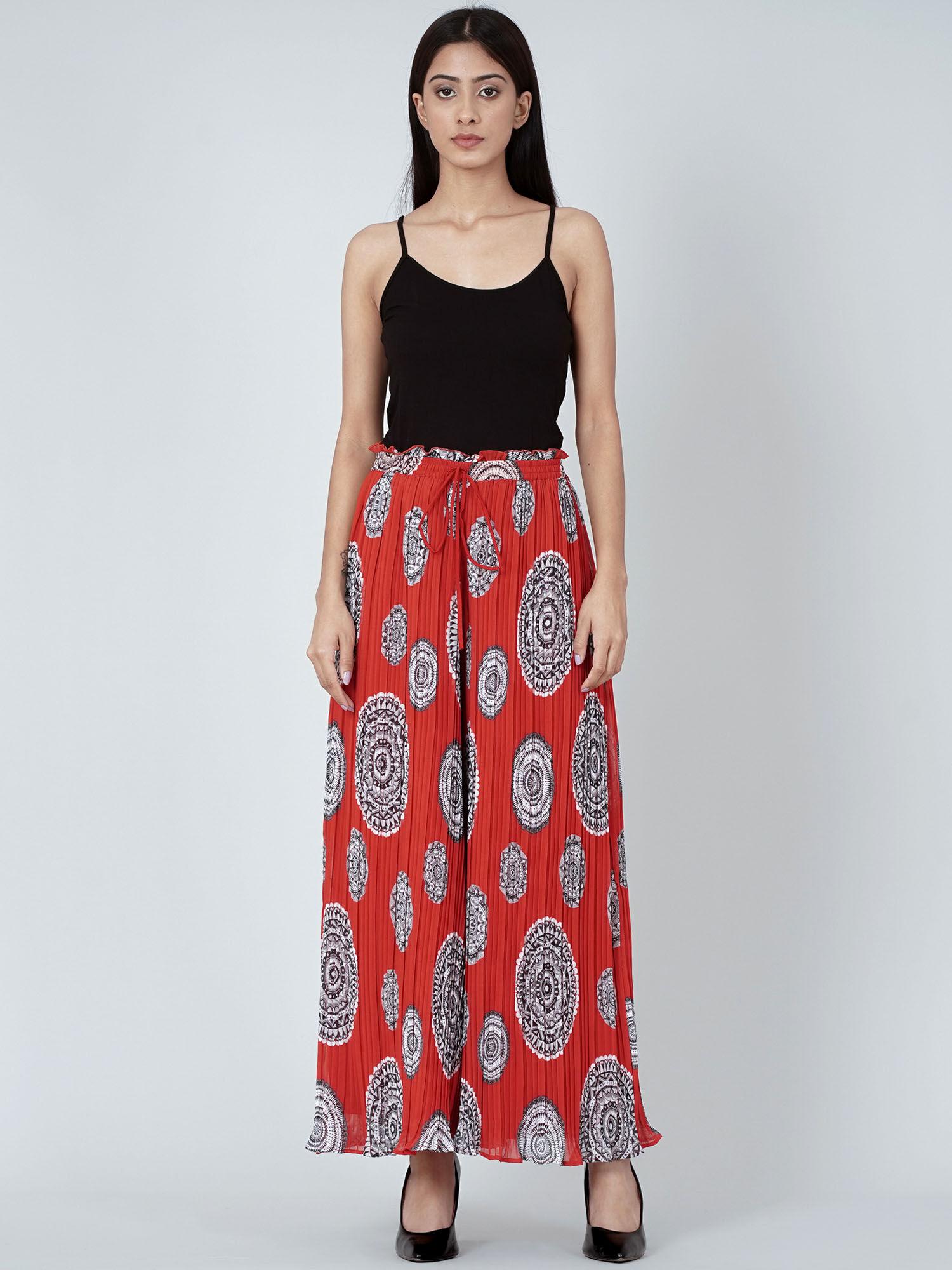 red geometric print pleated palazzo