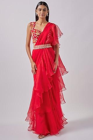 red georgette & organza embroidered draped ruffles saree set