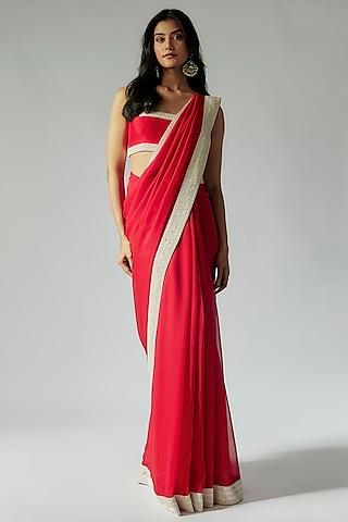 red georgette cutdana embroidered saree set