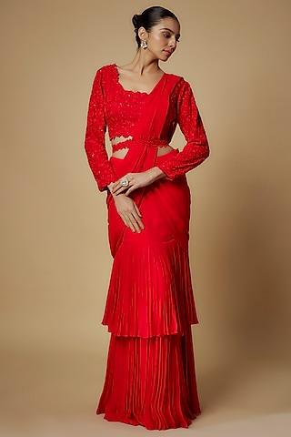 red georgette draped saree set