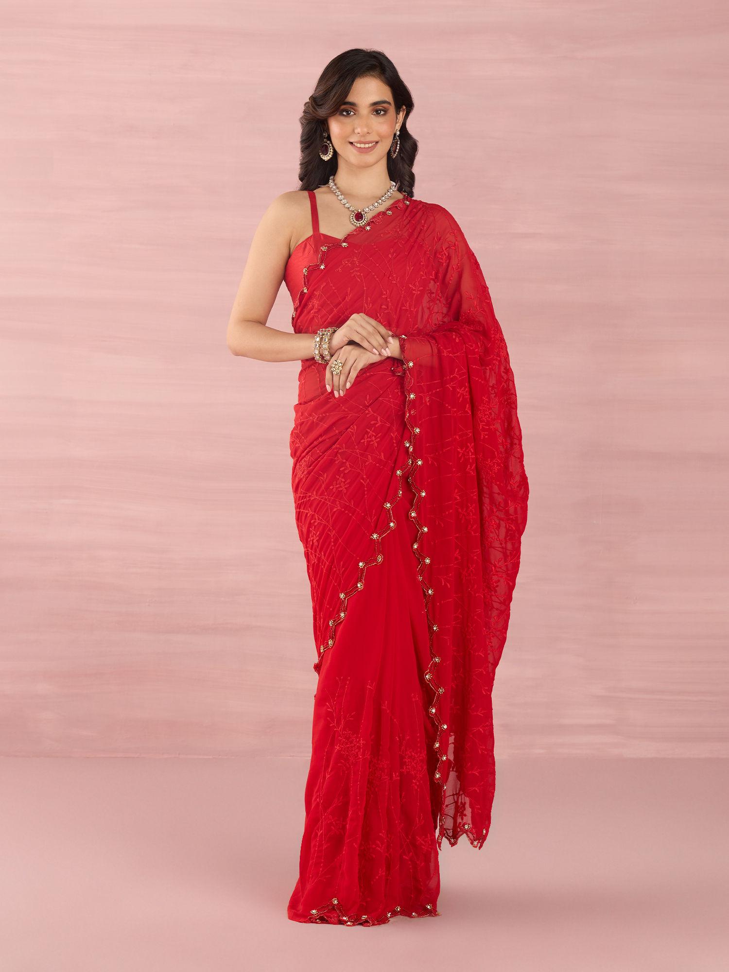 red georgette embellished/sequined beads with stones saree with unstitched blouse