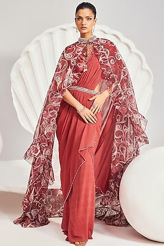 red georgette embellished pre-draped jacket saree set