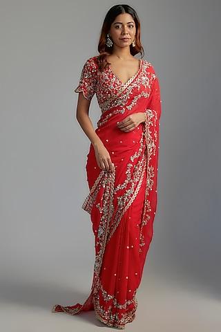 red georgette embellished saree set