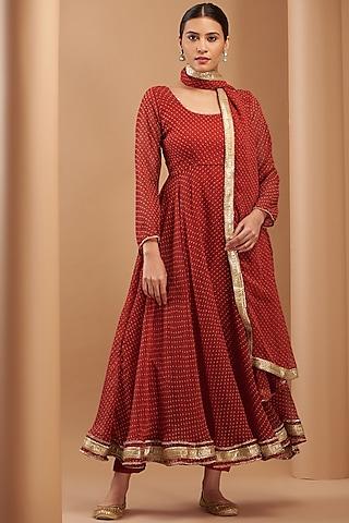 red georgette embroidered anarkali set