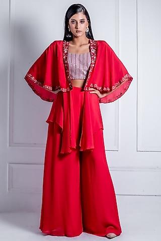 red georgette embroidered cape set