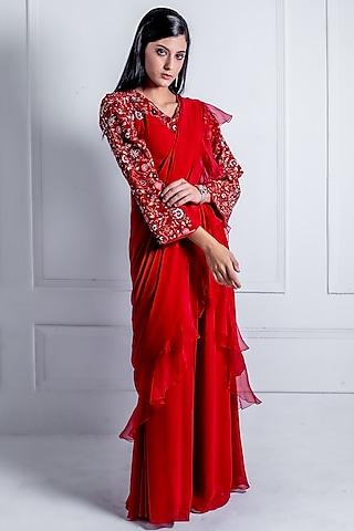 red georgette embroidered draped jumpsuit saree