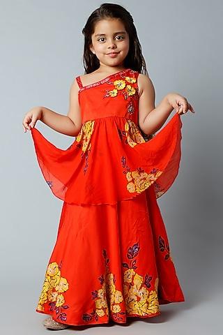 red georgette embroidered lehenga set for girls
