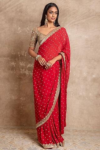 red georgette embroidered saree set