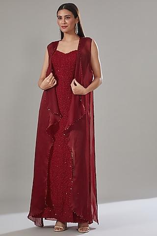 red georgette embroidered slit jacket dress