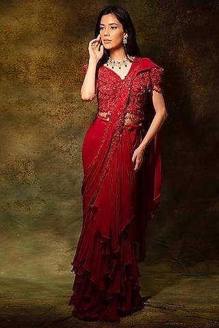 red georgette floral embroidered pre-stitched skirt saree set