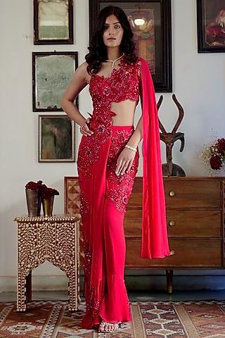 red georgette floral motif embellished pre-draped saree set