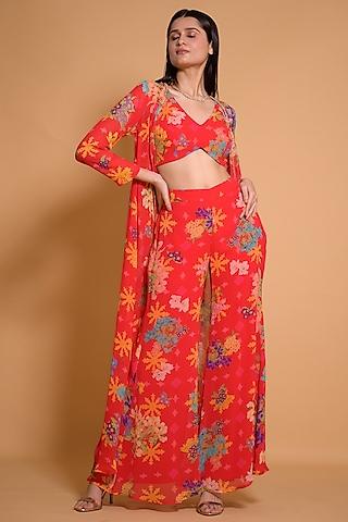 red georgette floral printed & hand embroidered cape set