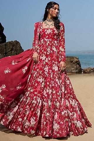 red georgette floral printed anarkali set