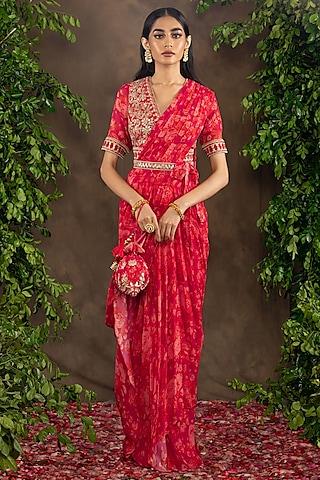 red georgette floral printed draped saree set