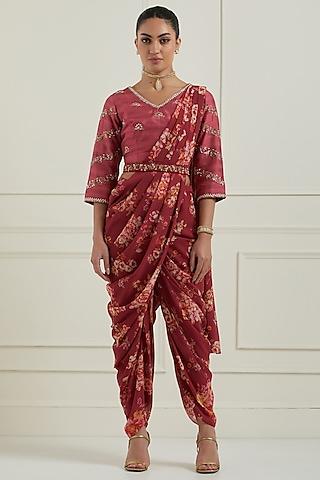red georgette floral printed pre-draped dhoti saree set