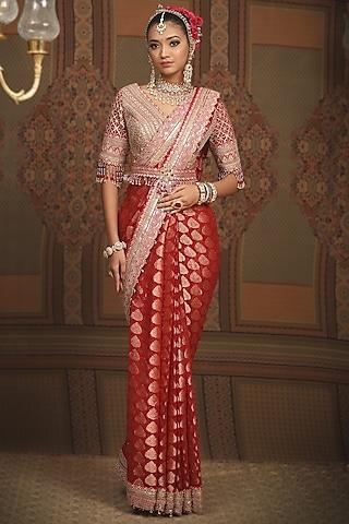 red georgette gota & badla embroidered saree set