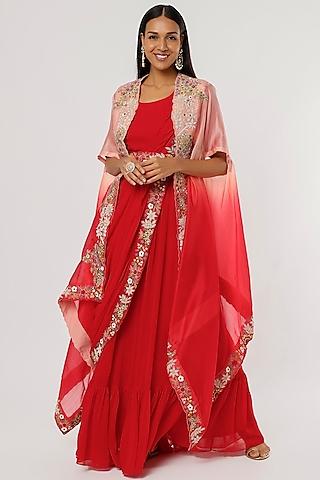red georgette gown with embroidered drape