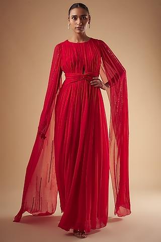 red georgette hand embellished pleated gown