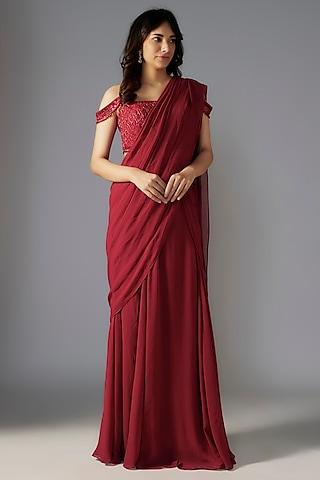 red georgette hand embroidered draped saree set