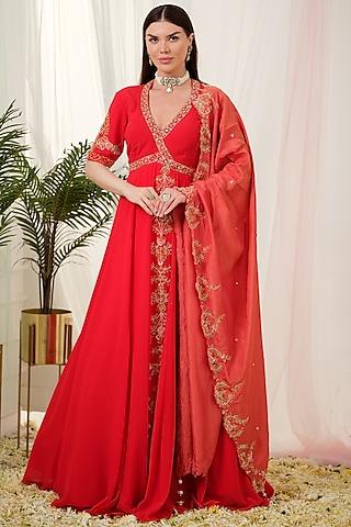 red georgette hand embroidered kalidar anarkali with dupatta