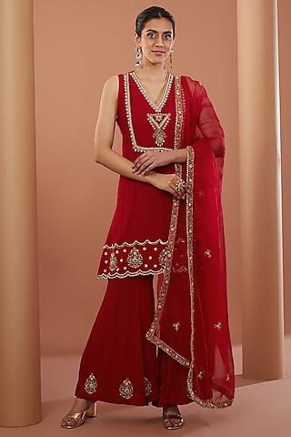 red georgette hand embroidered kurta set