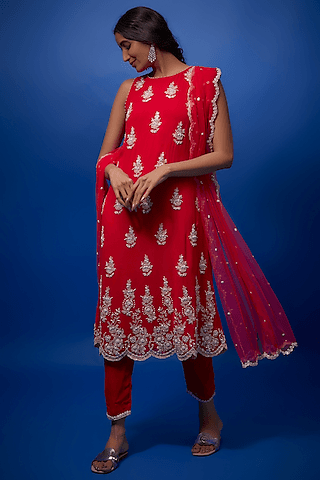 red georgette hand embroidered kurta set