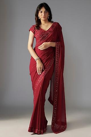 red georgette hand embroidered saree set