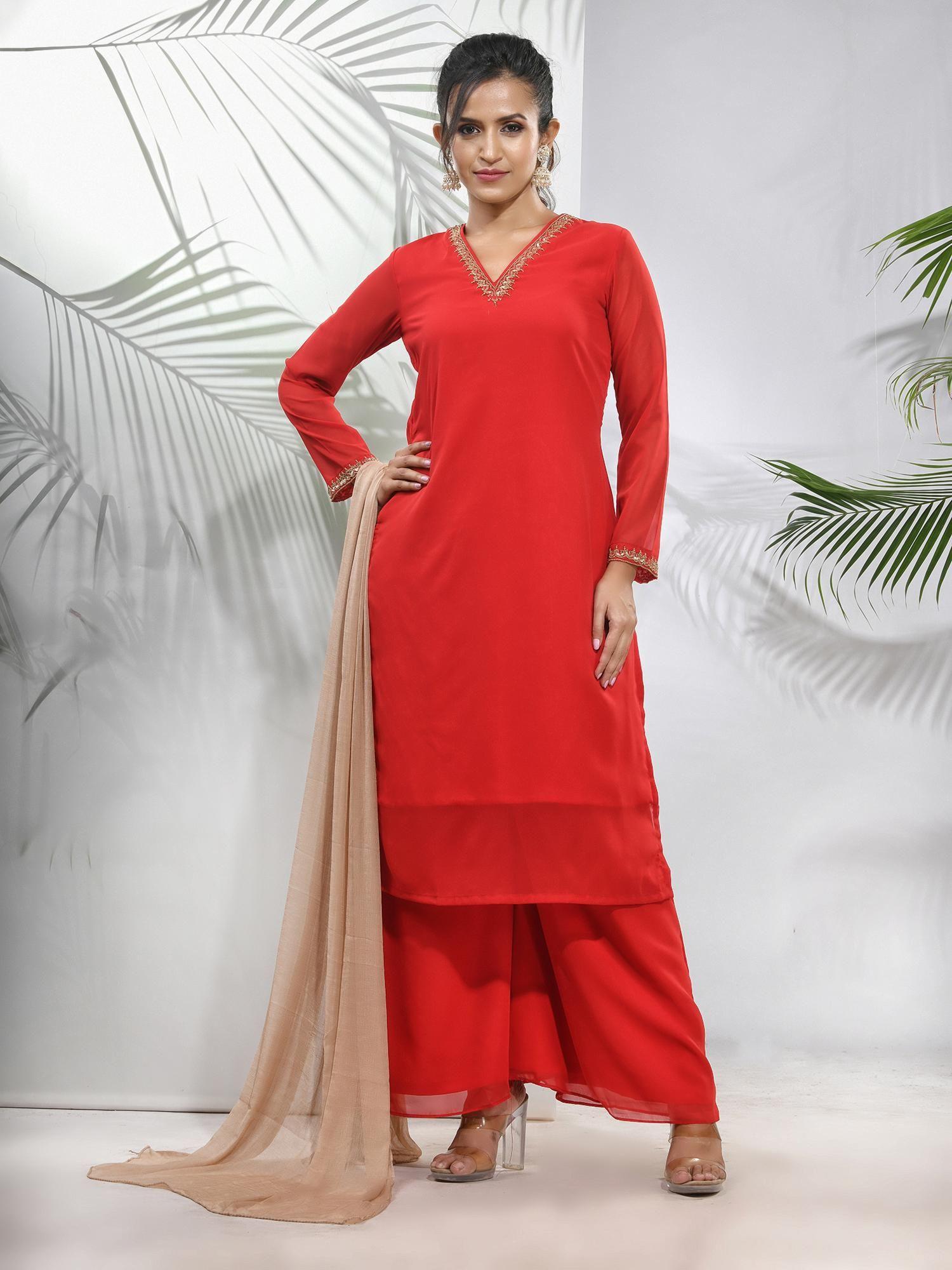 red georgette kurta with palazzo and dupatta with beads work (set of 3)