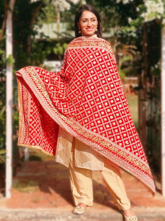 red georgette lucknowi work dupatta with gotta patti work