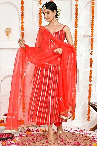 red georgette lurex hand embroidered kurta set