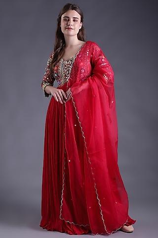 red georgette machine embroidered anarkali set