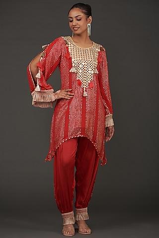 red georgette mirror embroidered kurta set