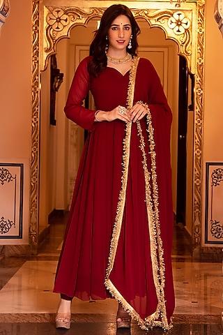 red georgette mughal embroidered anarkali set