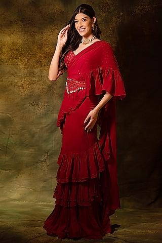 red georgette pre-stitched skirt saree set