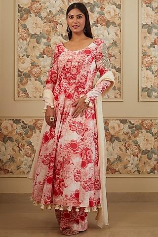 red georgette printed anarkali set