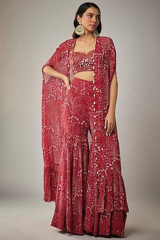 red georgette printed cape set