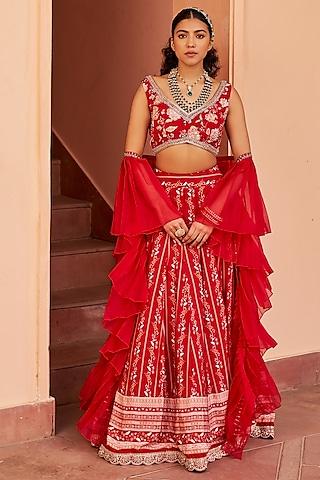 red georgette printed lehenga set