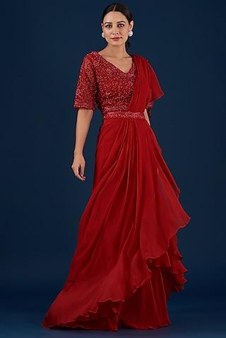red georgette ruffled draped saree set