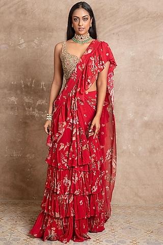 red georgette ruffled saree set