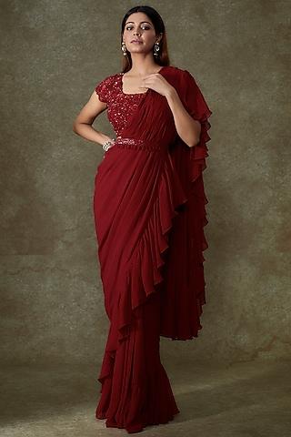 red georgette ruffled saree set