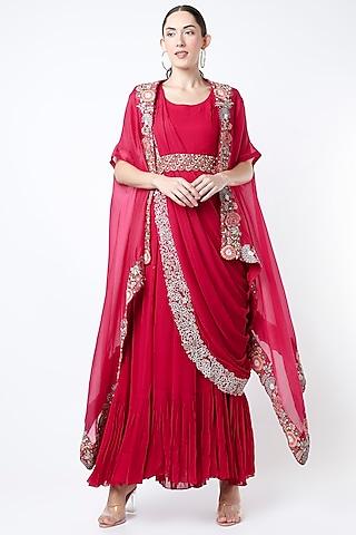 red georgette saree gown with cape