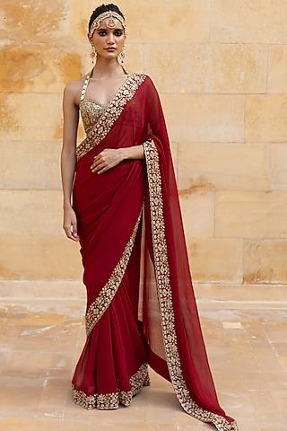 red georgette saree set