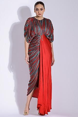 red georgette satin digital printed hand draped kaftan gown