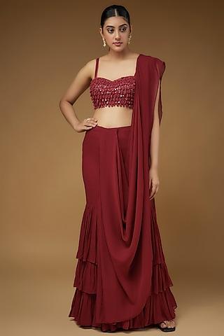 red georgette tiered saree set