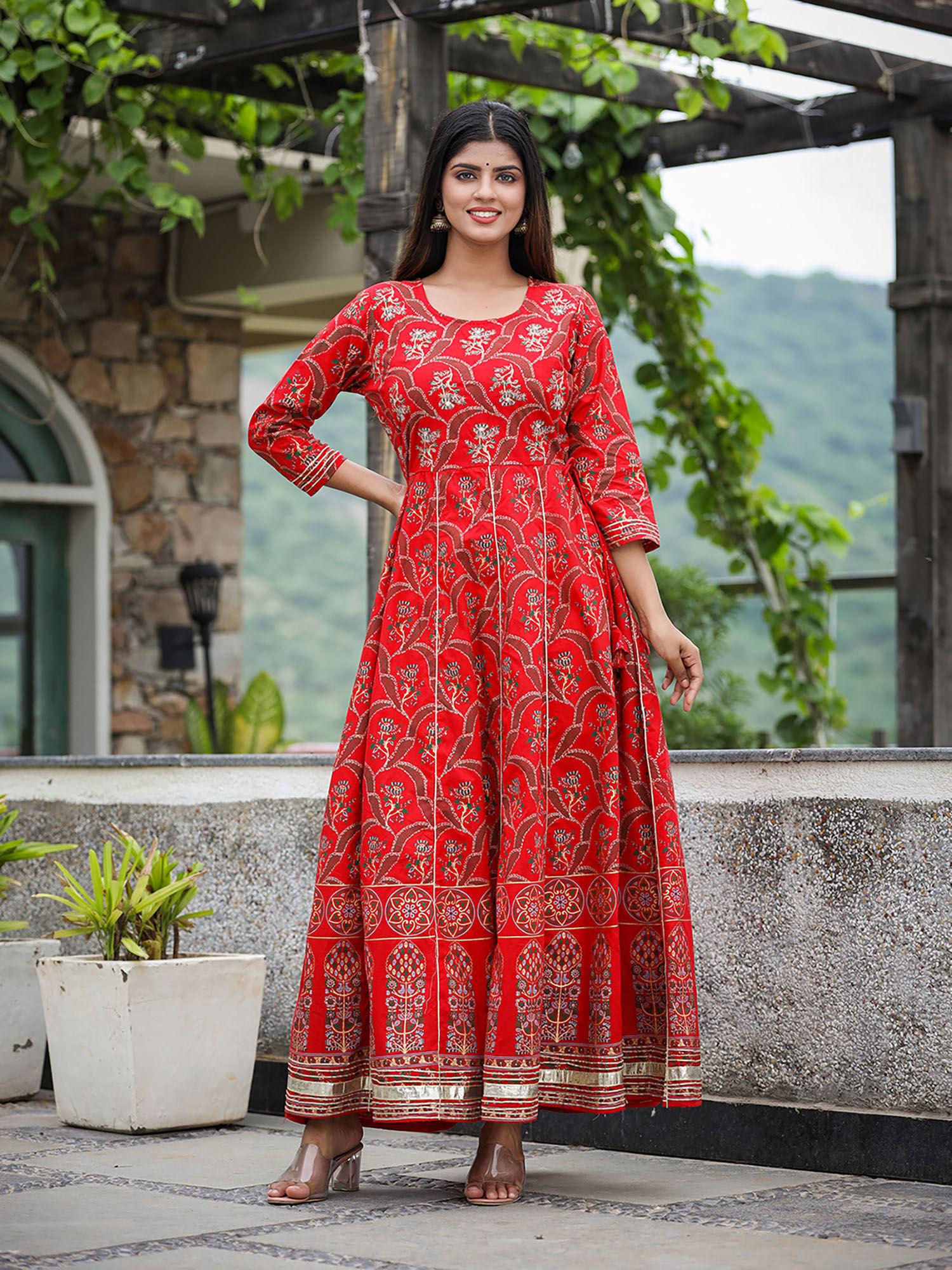 red gold print cotton ethnic dress