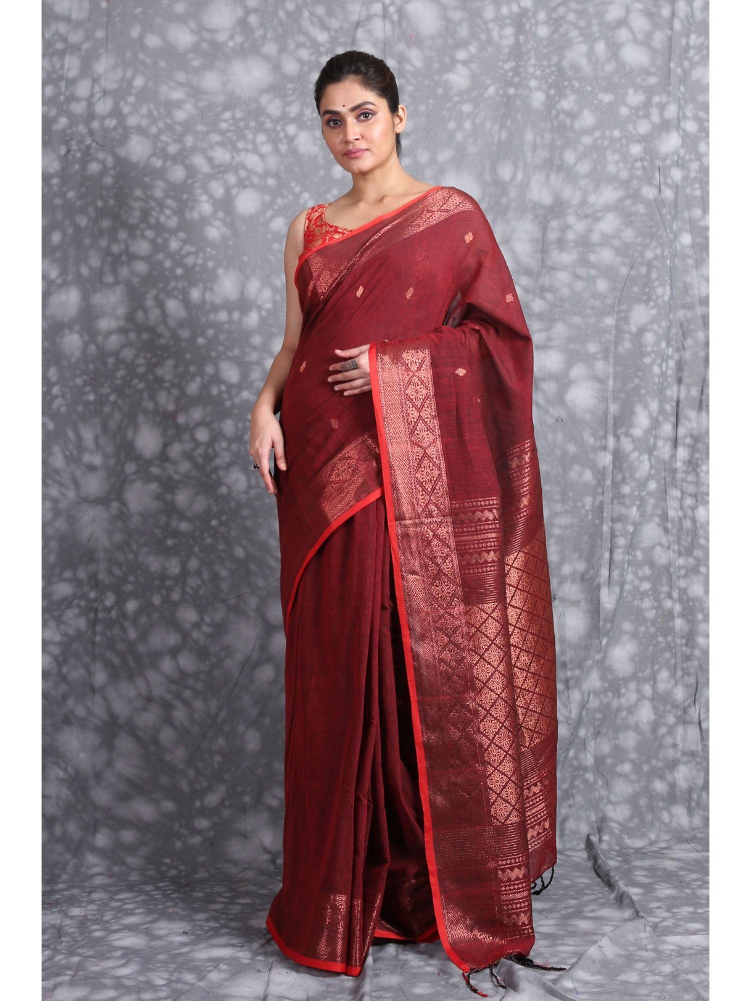 red gold-toned ethnic motifs zari pure cotton saree with unstiched blouse