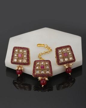 red gold-toned kundan maang tikka earrings set - fjmts4217