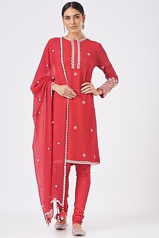 red gota embroidered straight kurta set